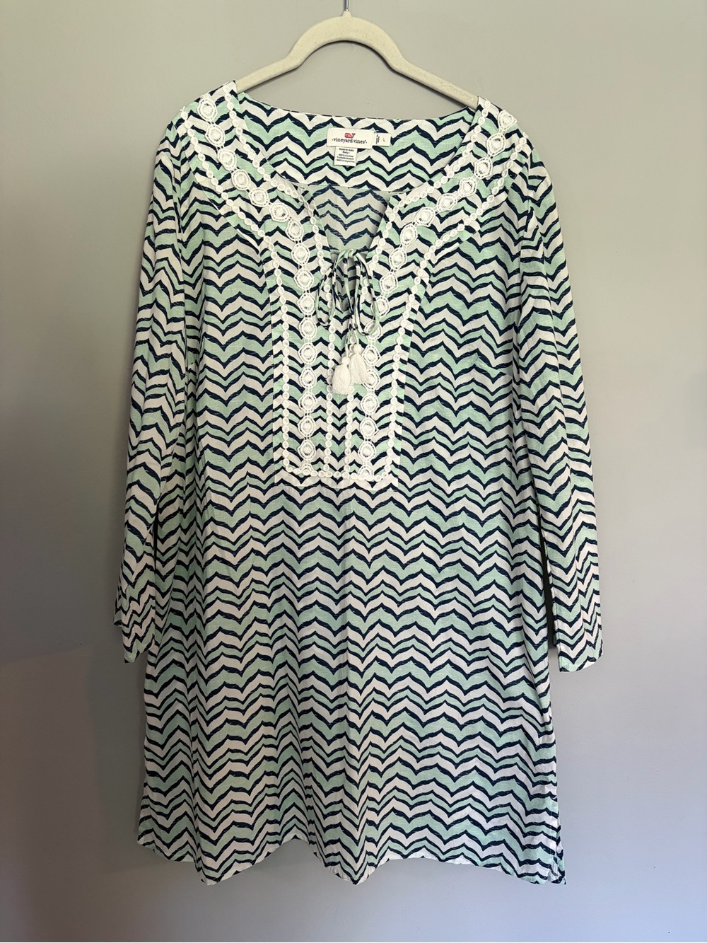 Vineyard Vines Chevron Beach Dress Size L Blue Green Tassel Embroidered Cover Up